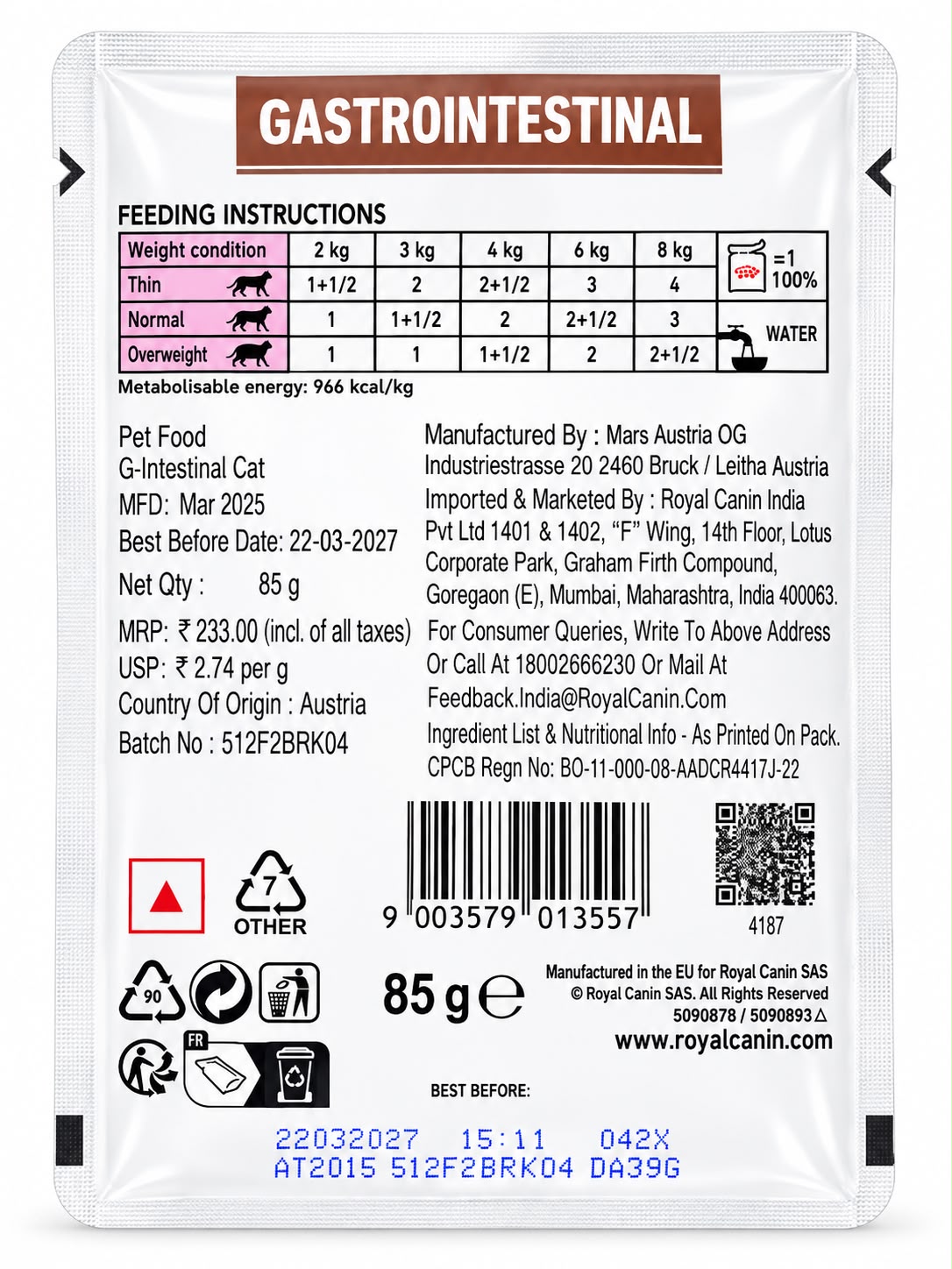 ROYAL CANIN CAT GASTROINTESTINAL 85GM