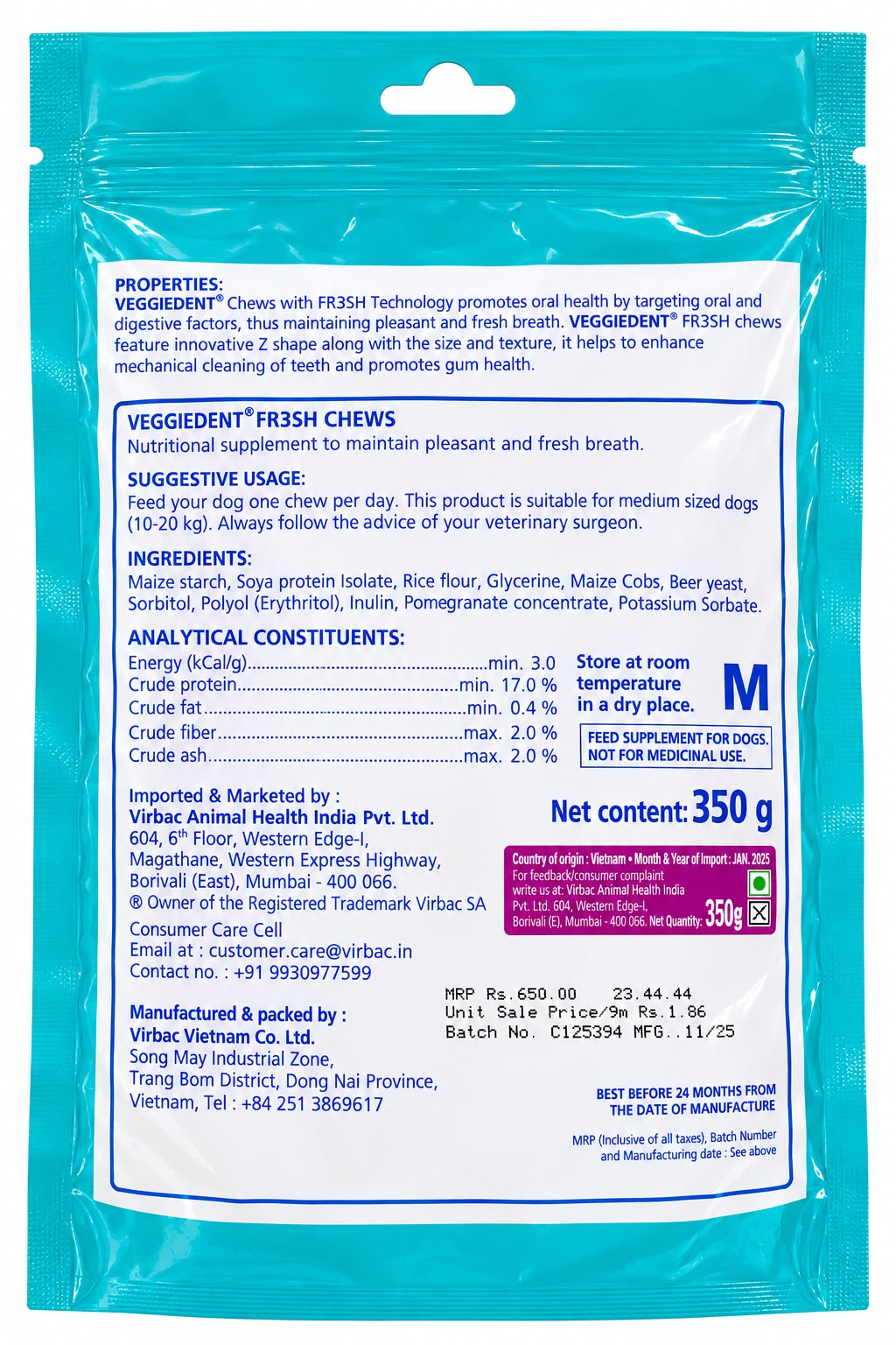 VEGGIEDENT FRESH DENTAL STICKS M 350GM