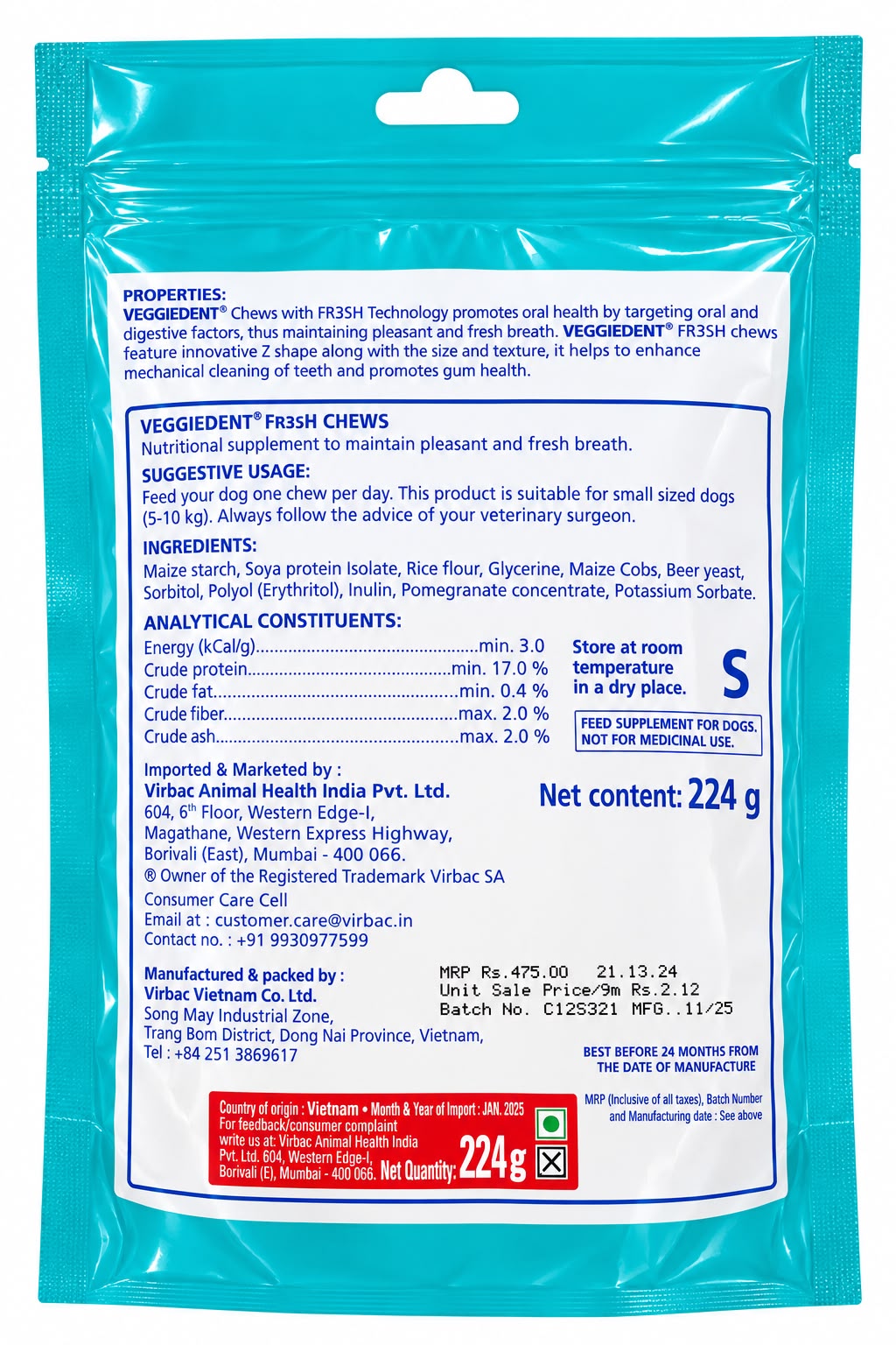 VEGGIEDENT FRESH DENTAL STICKS S 224GM