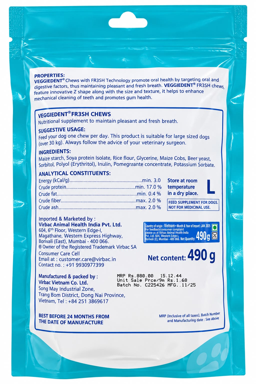 VEGGIEDENT FRESH DENTAL STICKS L 490GM