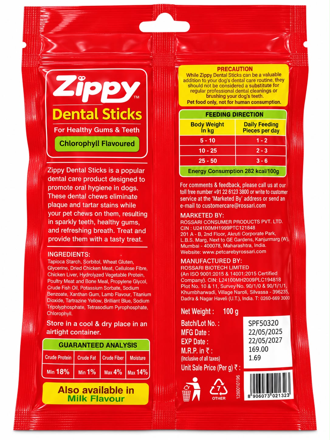 ZIPPY DENTAL STICKS CHLOROPHYLL FLAVOURED 100GM