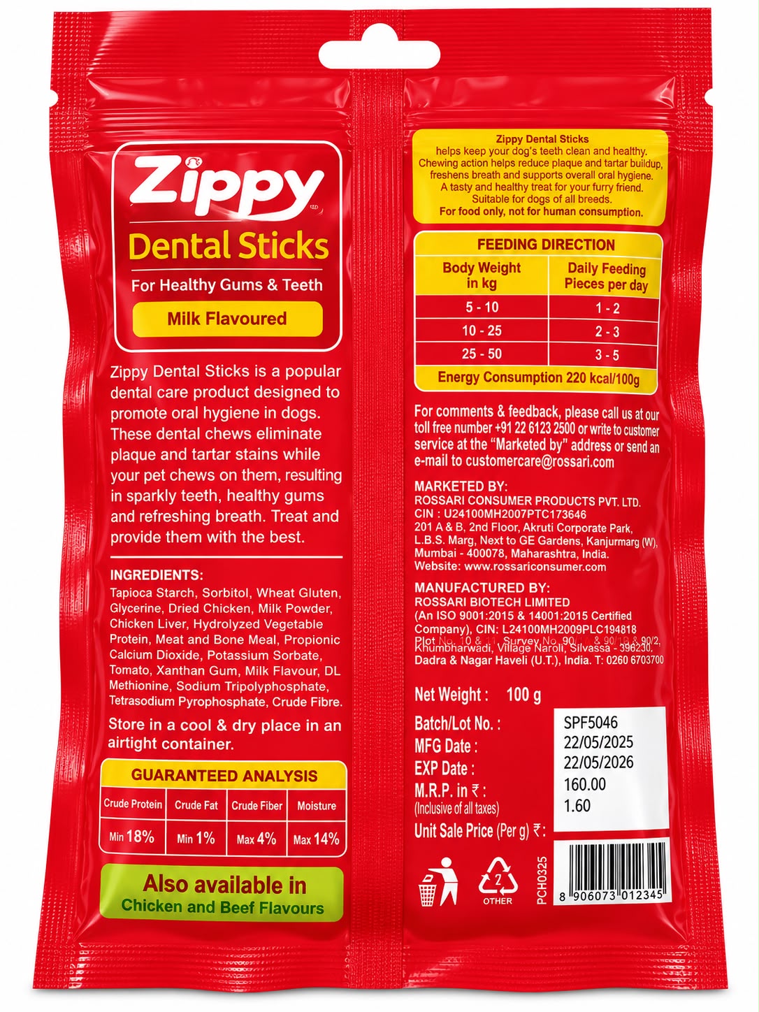 ZIPPY DENTAL STICKS MILK FLAVOUED 100GM