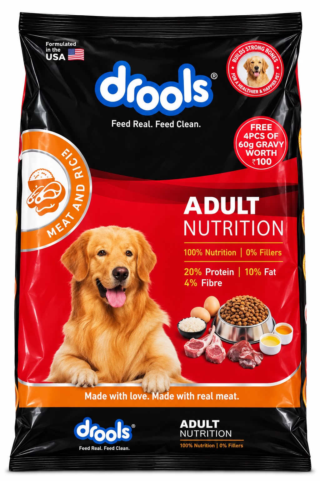 DROOLS MEAT AND RICE ADULT 3KG & GET 4PCS OF GRAVY 60GM FOR FREE